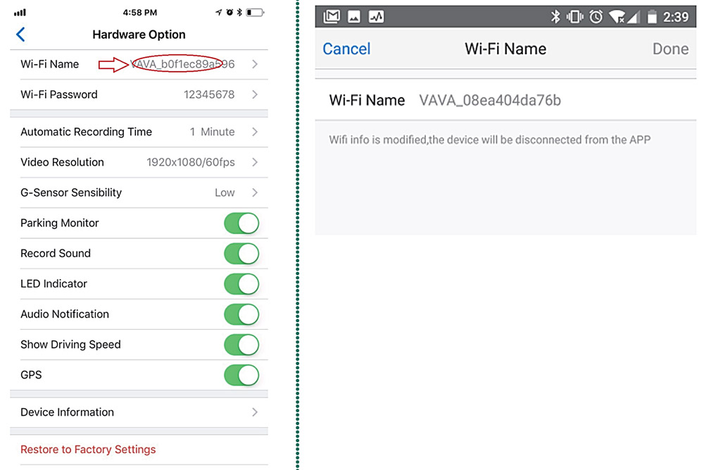 vava dash cam wifi name change