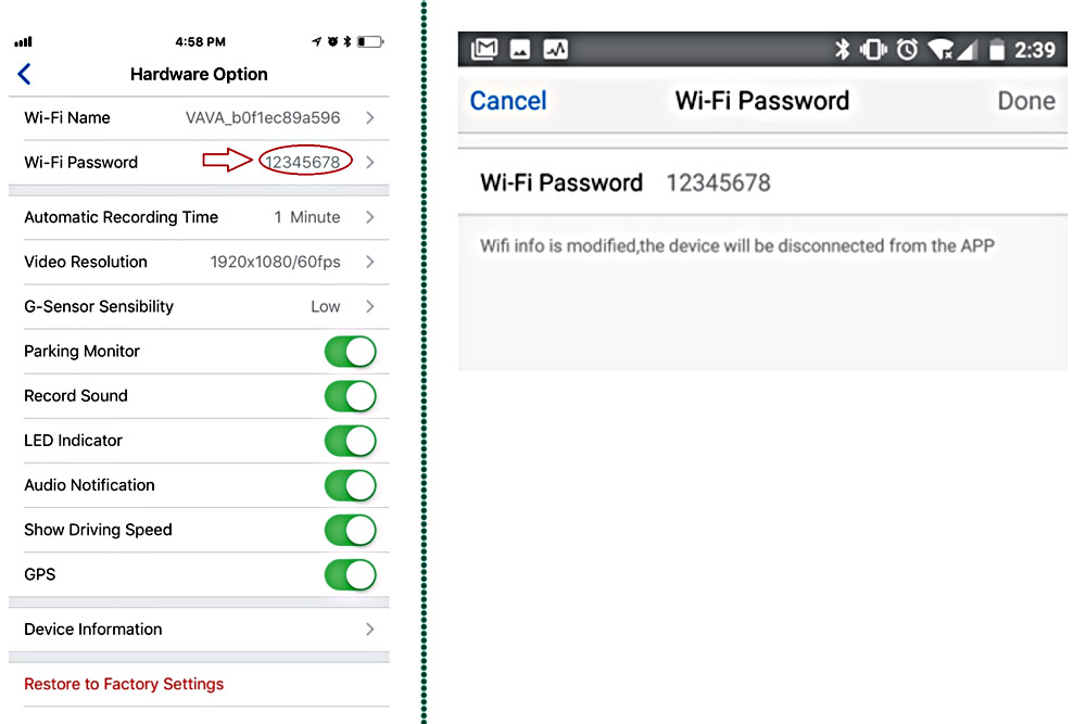 vava dash cam password reset/change
